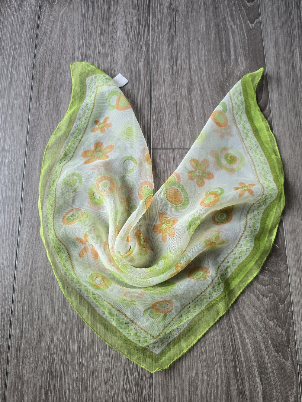 Sheer Mini Square Scarf Retro Mod Daisy Floral Green Orange Bandana Made Italy